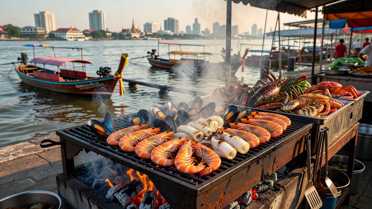 Bangkok Marina Grill seafood steaming on open iron grill