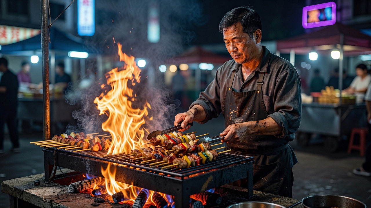 Chef grilling street skewers over intense high flame burner