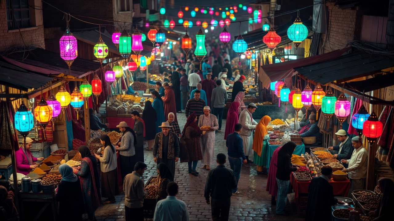 Crowded vibrant night street market filled with colorful glowing lanterns