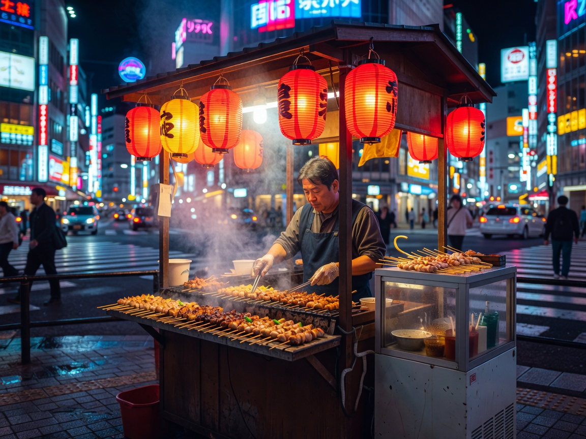 Shibuya Neon Bites stall selling yakitori under lanterns